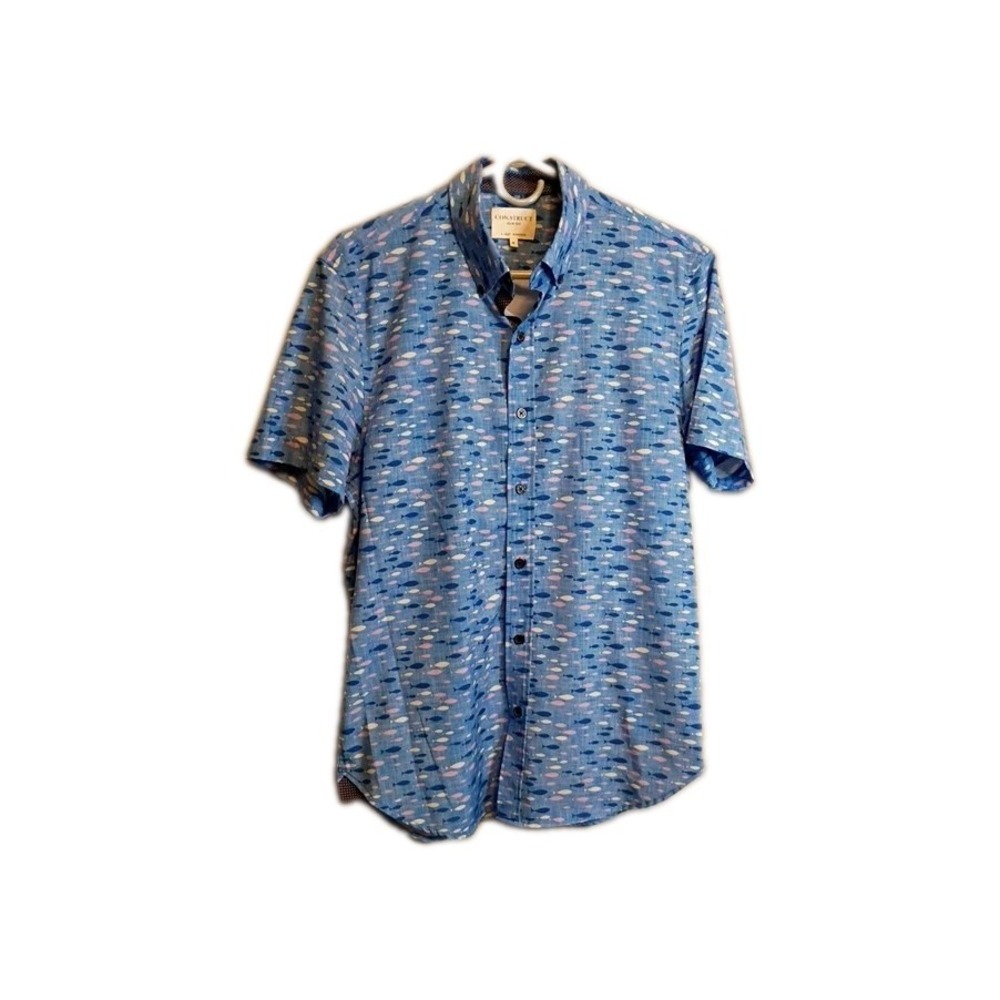 Construct Shirt Mens M Blue Fish Short Sleeve Slim Fit 4 Way Stretch Button Up